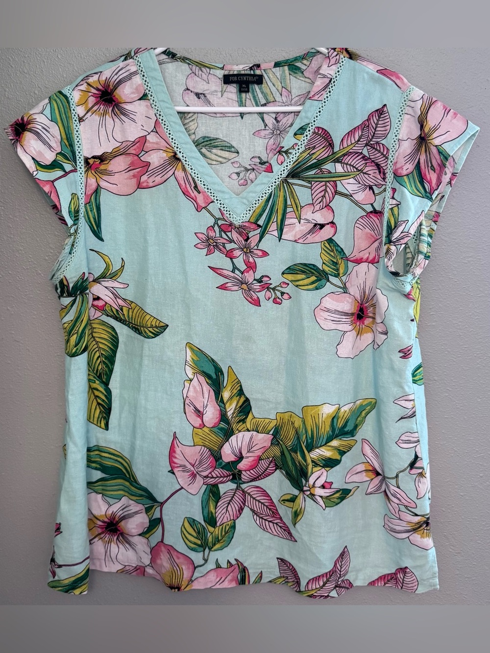 For Cynthia Aqua Linen Blend Blue Floral V-Neck Cap Sleeve Top